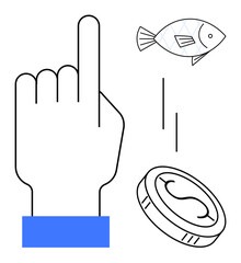 Hand pointing upwards, floating fish indicating abundance, and coin suggesting monetary value or rewards. Ideal for concepts thumbs up decision-making, finance, choice, investment, economy