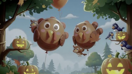 Whimsical autumn scene with turkey balloons and jack-o-lanterns under a blue sky - Powered by Adobe