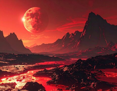 Fiery alien landscape with a blood-red moon - Powered by Adobe