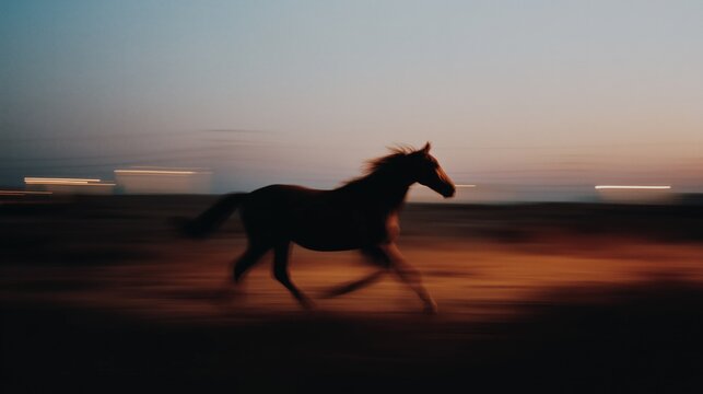 Silhouette of a horse running at sunset, motion blur creating dynamic and serene atmosphere with warm tones.