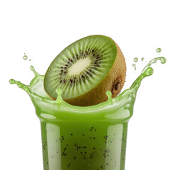 Fresh kiwi splashing into a glass of juice on transparent background
