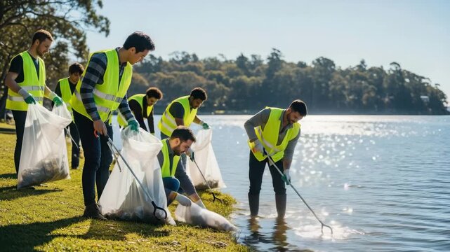 Group of volunteers cleaning up litter near a lake wearing safety vests and using trash pickers outdoors