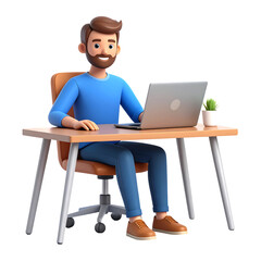 3D cartoon man with beard sitting at a desk, working on a laptop, smiling, on a white background.