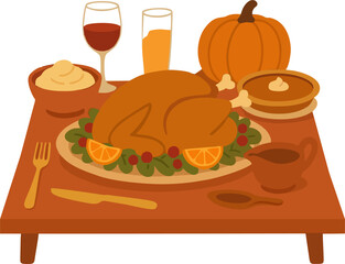 Thanksgiving dinner with roasted turkey and autumn decoration on wooden table in cozy flat cartoon style