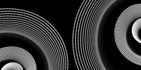 Abstract spiral pattern made of white dots on a black background. The dynamic, optical illusion effect creates depth and motion, perfect for modern design, posters or digital art projects.