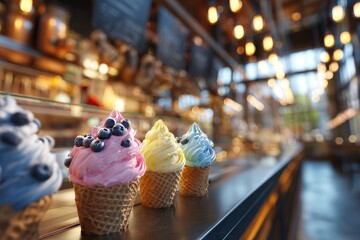 Colorful frozen yogurt in waffle cones, displayed at a food stall