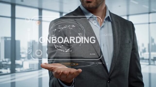 businessman holding futuristic onboarding hologram in office