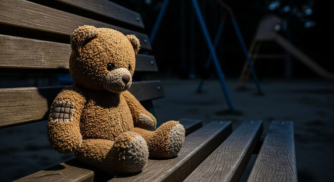 Teddy Bear Left on Park Bench at Night