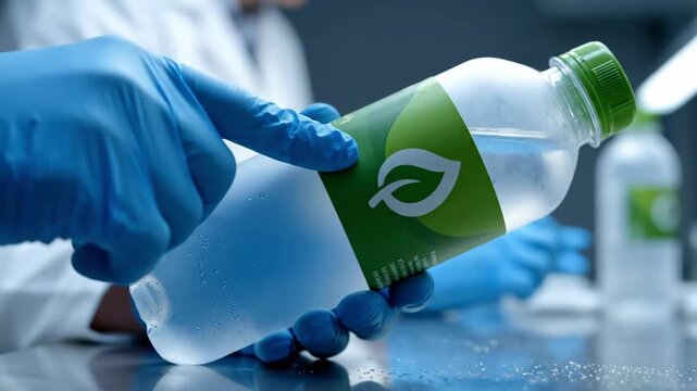 Eco-Friendly Research Scientist Examining Plant-Based Bottle in Laboratory Environment