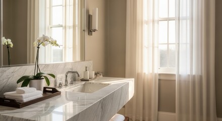 Fototapeta premium Elegant bathroom interior with marble vanity, orchid, and natural light from window