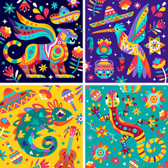 Decorative Mexican Craft Compositions Featuring Animals and Symbols