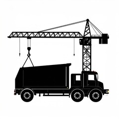 Silhouette of a construction crane and truck