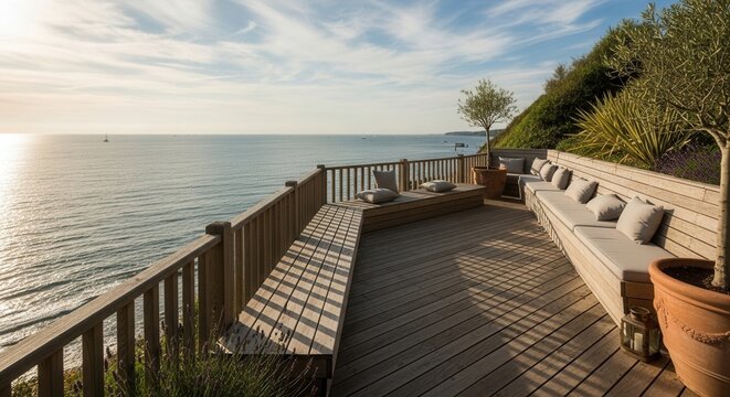 Elevated seaside deck with wooden benches and ocean views offers relaxation and tranquility - Powered by Adobe