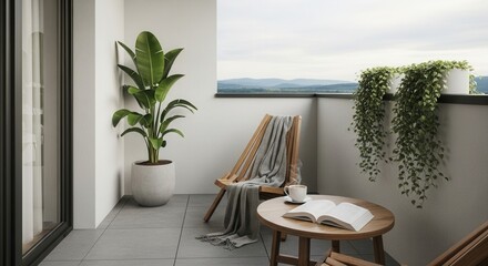 Relaxing balcony scene with comfortable chair plants and a view of distant mountains