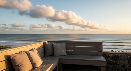 Relaxing ocean view from wooden bench at sunset provides scenic tranquility