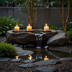 Ultra-realistic Japanese garden water feature, bamboo spout over stone basin with flowing water, lit candles casting warm light, bonsai and green plants surrounding, static fixed frame, 