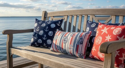 Nautical themed decorative pillows on a wooden bench with ocean view create coastal serene scene