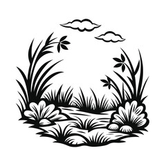 Silhouette grass and plants create a serene black and white landscape view under clouds