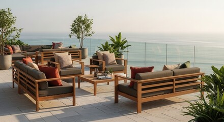 Elegant Outdoor Furniture Set on a Stylish Patio Overlooking the Serene Ocean Horizon