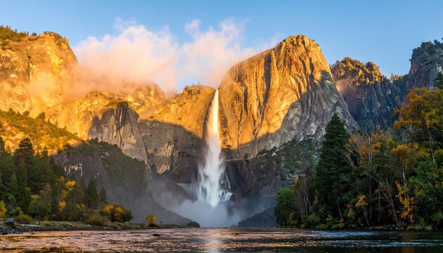 Majestic waterfall cascading into a tranquil valley, golden light bathes granite peaks