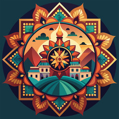 Ornate mandala design with stylized buildings