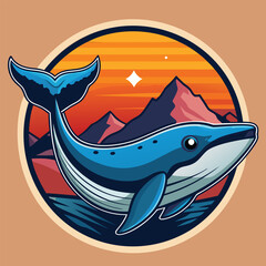 Cartoon whale swimming above mountains