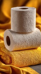 Luxurious soft white toilet paper rolls stacked elegantly on a vibrant golden satin fabric, exuding comfort and premium quality for home or commercial use.