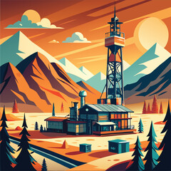 Industrial landscape with mountain backdrop