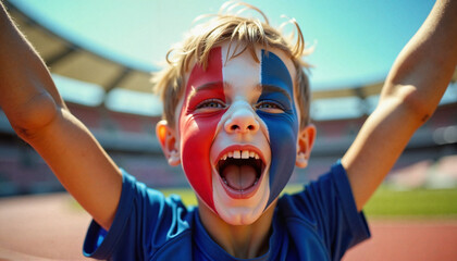  Excited boy with French flag face paint cheering in stadium