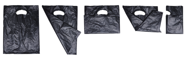 Set collection or collage of folded used black plastic bag with handle isolated on transparent background