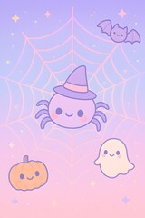 Kawaii Spider Web Illustration pastel halloween spider web soft tone design, pastel halloween spider web soft tone background Pastel Soft Tone Halloween Art Cute Spooky Minimal Design
