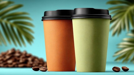Vibrant to go coffee cups in tropical setting with blurred palm leaves and coffee beans, perfect for cafe branding and summer promotions