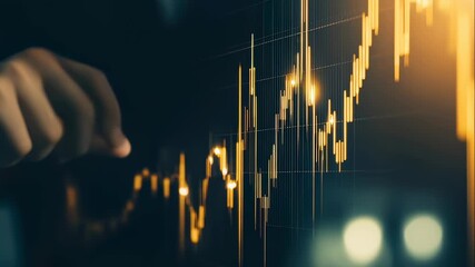 Man's hand analyzing a financial growth chart. Digital stock market data visualization with a moving index line. Business investment and future technology footage. - Powered by Adobe