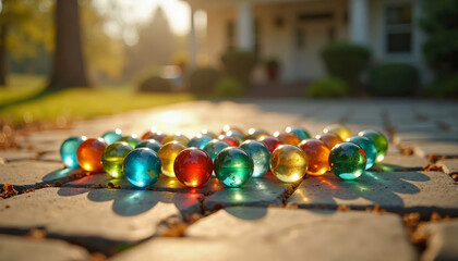 Colorful Glass Marbles on Stamped Concrete in Warm Natural Light for Childhood Toys, Decorating Ideas, Outdoor Play, Vintage Games, and Creative Social Media Content