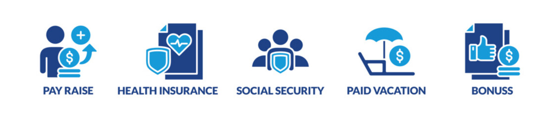 Obraz premium Employee Benefits. Pay Raise, Health Insurance, Social Security, Paid Vacation, Bonuses and Benefit Vector Icon Concept