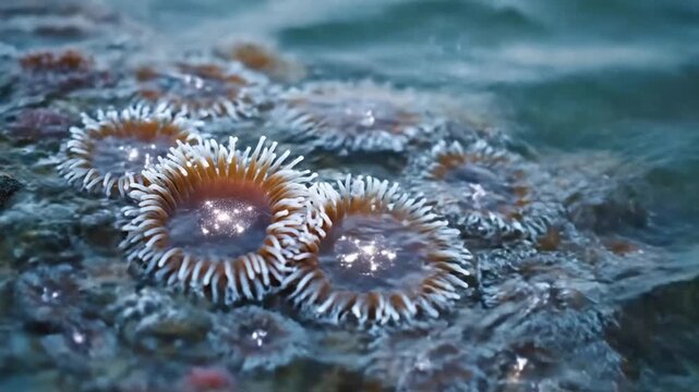 Delicate sea anemones with intricate tentacles thrive in a shallow, clear tide pool, showcasing the mesmerizing beauty of coastal marine life.