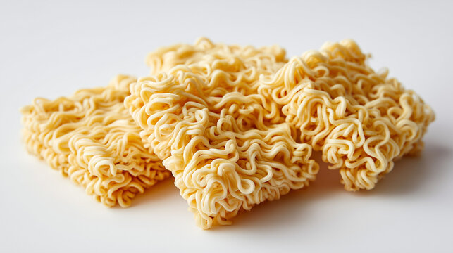 白い背景にシンプルに置かれた三つの乾燥した四角いインスタントラーメンの麺の塊