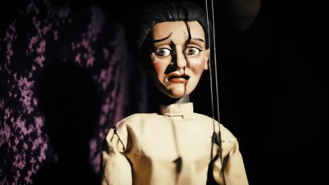 Sad marionette, dark stage, purple backdrop, theater