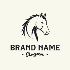 A minimalist black and white logo featuring a horse's head with the text 