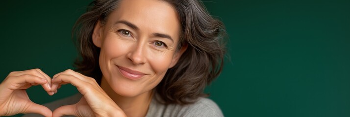 Caucasian mature female smiling with heart gesture against green background