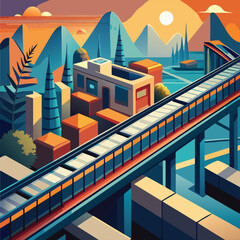 Urban cityscape with elevated train track