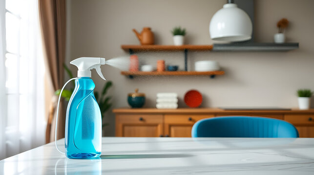 Cleaning home table disinfecting spray spraying on surface to sanitize COVID-19 prevention sanitizing for aerosol droplets. Coronavirus sanitize protection. Panoramic banner. - Powered by Adobe
