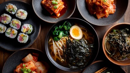 A delectable spread featuring ramen, sushi rolls, and kimchi, showcasing a fusion of Korean and Japanese cuisine.