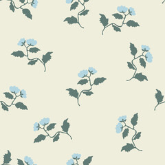 Hand drawn blue flowers on pastel background. Vector illustration, seamless pattern.