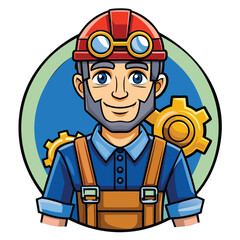 Smiling middle aged male mechanic in work overalls and hardhat
