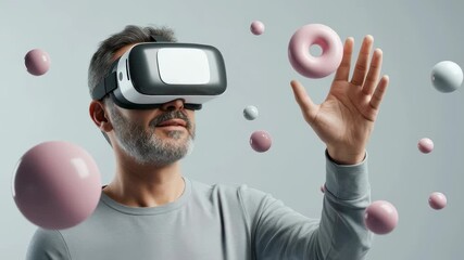 Man with virtual reality headset using augmented reality to interact with a digital donut and floating spheres, metaverse concept, footage. - Powered by Adobe