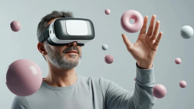 Man with virtual reality headset using augmented reality to interact with a digital donut and floating spheres, metaverse concept, footage. - Powered by Adobe