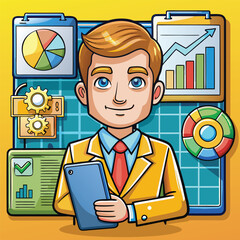 A young male professional in a yellow suit holds a tablet in a modern office setting with graphs and charts.