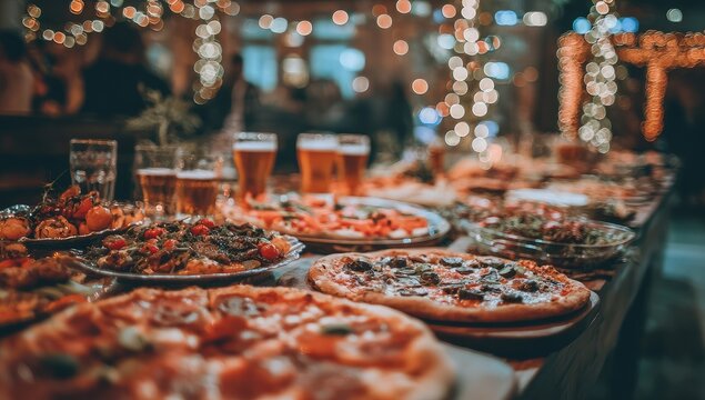 Festive buffet table laden with food and drinks, blurred background