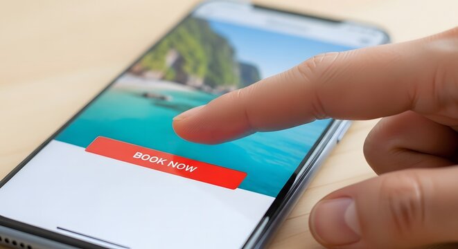 Close-up of a finger pressing the 'Book Now' button on a smartphone screen.